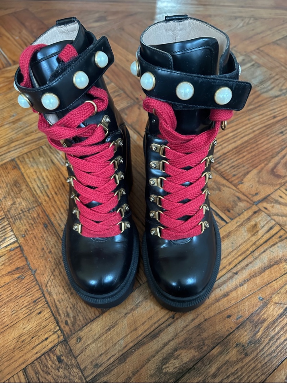 Gucci Black Leather Lace-Up Combat Boots with Red Laces and Pearl Strap